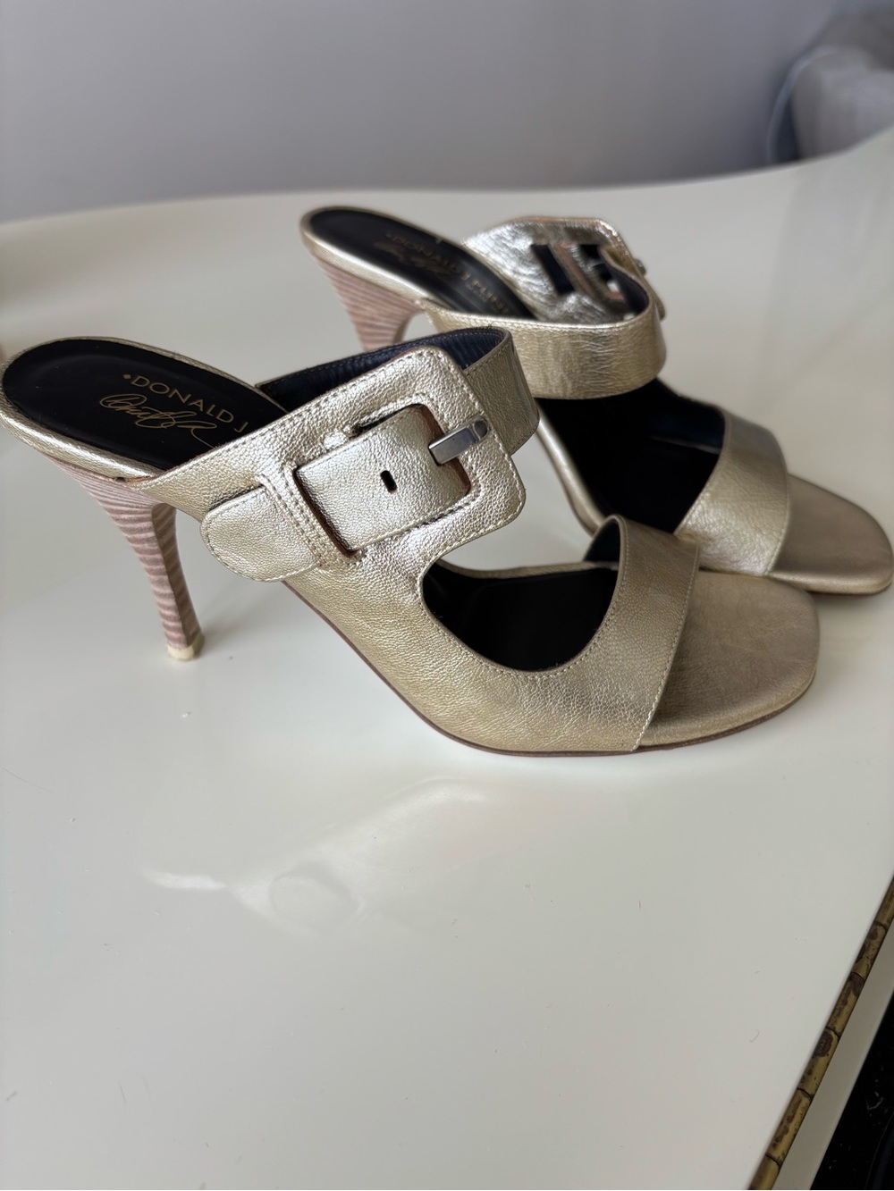 Donald J. Pliner Metallic Gold Buckle Slide Heels